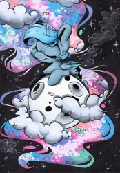 Size: 859x1236 | Tagged: safe, artist:cutepencilcase, derpibooru import, princess luna, alicorn, pony, chibi, eyes closed, female, full moon, mare, moon, smiling, solo, tangible heavenly object, traditional art