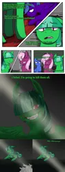 Size: 2560x6720 | Tagged: grimdark, artist:a-rather-rottenpony, artist:dracini, derpibooru import, oc, oc:blue, oc:green, oc:violet, unofficial characters only, pony, ask factory scootaloo, fanfic:rainbow factory, blood, comic, crying, flashback, static, tears of blood