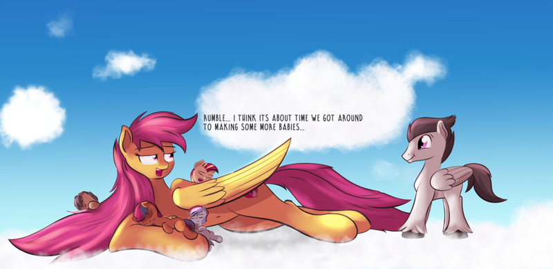 Size: 1024x498 | Tagged: safe, artist:cosmonaut, derpibooru import, rumble, scootaloo, oc, pony, fanfic, broodmare, cloud, dialogue, eyes closed, fanfic art, female, giant pony, macro, male, offspring, open mouth, parent:rumble, parent:scootaloo, parents:rumbloo, rumbloo, shipping, size difference, sky, sleeping, straight