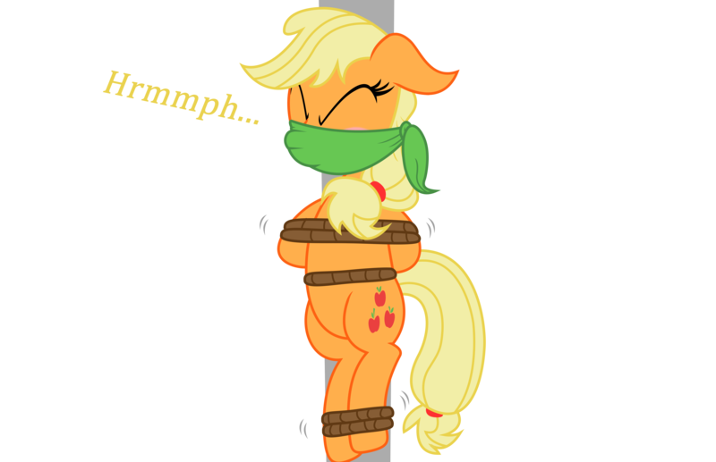 Size: 4246x2746 | Tagged: suggestive, artist:darkstorm619, derpibooru import, applejack, pony, blushing, bondage, bound and gagged, cloth gag, damsel in distress, eyes closed, female, floppy ears, gag, muffled words, pole, pole tied, rope, rope bondage, simple background, solo, solo female, struggling, tied up, transparent background