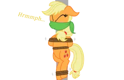 Size: 4246x2746 | Tagged: suggestive, artist:darkstorm619, derpibooru import, applejack, pony, blushing, bondage, bound and gagged, cloth gag, damsel in distress, eyes closed, female, floppy ears, gag, muffled words, pole, pole tied, rope, rope bondage, simple background, solo, solo female, struggling, tied up, transparent background