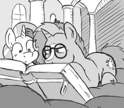 Size: 1280x1109 | Tagged: safe, artist:plifos, derpibooru import, starlight glimmer, sunburst, pony, unicorn, book, female, glasses, male, mare, monochrome, prone, reading, stallion