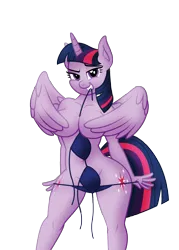 Size: 3542x4954 | Tagged: alicorn, anthro, artist:aleximusprime, belly button, blue underwear, both cutie marks, bra, breasts, busty twilight sparkle, clothes, covering, derpibooru import, female, looking at you, mouth hold, panties, panties pulled down, panty pull, simple background, smiling, solo, solo female, stupid sexy twilight, suggestive, teasing, transparent background, twilight sparkle, twilight sparkle (alicorn), underwear, wing hands