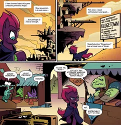 Size: 1238x1280 | Tagged: safe, artist:andypriceart, derpibooru import, idw, tempest shadow, pony, my little pony: the movie, spoiler:comic, spoiler:comic mlp movie prequel, spoiler:my little pony movie prequel, broken horn, cloak, clothes, comic, eye scar, female, horn, klugetown, mare, market, misfortune malachite, my little pony: the movie prequel, official comic, scar, speech bubble