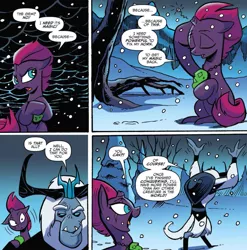 Size: 1163x1178 | Tagged: safe, artist:andypriceart, derpibooru import, idw, storm king, tempest shadow, pony, my little pony: the movie, spoiler:comic, spoiler:comic mlp movie prequel, spoiler:my little pony movie prequel, broken horn, cloak, clothes, comic, duo, eye scar, female, horn, male, mare, misfortune malachite, my little pony: the movie prequel, official comic, scar, snow, speech bubble