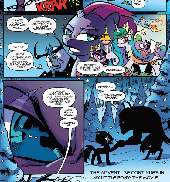 Size: 1126x1206 | Tagged: safe, artist:andypriceart, derpibooru import, idw, princess celestia, rainbow dash, spike, storm king, tempest shadow, twilight sparkle, alicorn, dragon, pegasus, pony, unicorn, my little pony: the movie, spoiler:comic, spoiler:comic mlp movie prequel, spoiler:my little pony movie prequel, broken horn, canterlot, cloak, clothes, comic, duo, equestria, eye scar, female, horn, male, mare, my little pony: the movie prequel, official comic, reflection, scar, snow, speech bubble