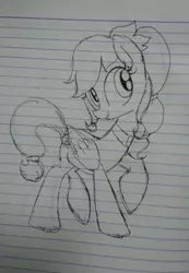 Size: 519x752 | Tagged: safe, artist:emositecc, derpibooru import, oc, unofficial characters only, pegasus, pony, lined paper, monochrome, photo, sketch, solo, traditional art