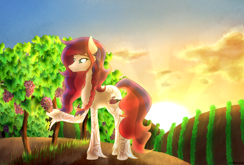 Size: 1280x868 | Tagged: safe, artist:cindrytuna, derpibooru import, oc, unofficial characters only, earth pony, pony, food, grapes, solo, vineyard