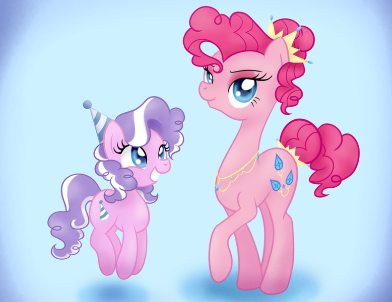 Size: 1024x790 | Tagged: safe, artist:bonsia-lucky, derpibooru import, diamond tiara, pinkie pie, earth pony, pony, alternate hairstyle, beautiful, cute, diamondbetes, elegant, female, filly, foal, happy, hat, jewelry, mare, necklace, party hat, personality swap, pronking, smiling, smug