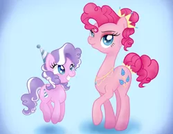 Size: 1024x790 | Tagged: safe, artist:bonsia-lucky, derpibooru import, diamond tiara, pinkie pie, earth pony, pony, alternate hairstyle, beautiful, cute, diamondbetes, elegant, female, filly, foal, happy, hat, jewelry, mare, necklace, party hat, personality swap, pronking, smiling, smug