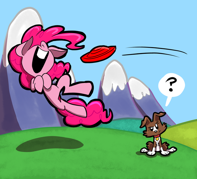 Size: 4400x4000 | Tagged: safe, artist:joeywaggoner, derpibooru import, pinkie pie, winona, pony, absurd resolution, behaving like a dog, frisbee, pinkie being pinkie, puppy pie, question mark