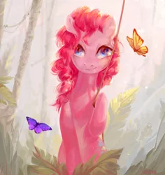 Size: 2830x3000 | Tagged: safe, artist:utauyan, derpibooru import, pinkie pie, butterfly, earth pony, pony, female, forest, high res, mare, smiling, solo