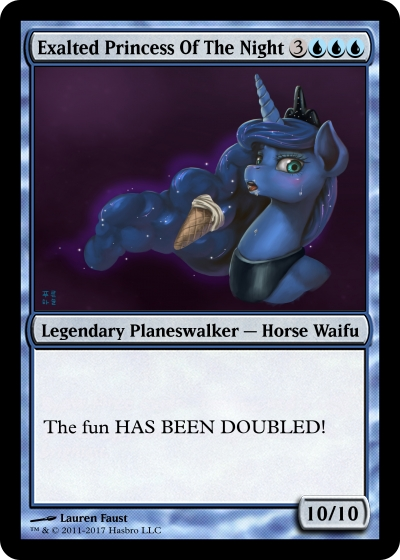 Size: 400x560 | Tagged: safe, artist:mrs1989, derpibooru import, edit, princess luna, pony, card, cute, food, funny, game, ice cream, lunabetes, magic the gathering, night, princess, the fun has been doubled, trading card edit, waifu