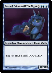 Size: 400x560 | Tagged: safe, artist:mrs1989, derpibooru import, edit, princess luna, pony, card, cute, food, funny, game, ice cream, lunabetes, magic the gathering, night, princess, the fun has been doubled, trading card edit, waifu