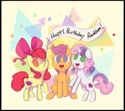 Size: 1500x1335 | Tagged: safe, artist:friendlyraccoon, derpibooru import, apple bloom, scootaloo, sweetie belle, earth pony, pegasus, pony, unicorn, banner, cutie mark crusaders, female, filly, happy birthday, looking at you, mouth hold, sitting, trio