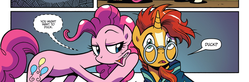 Size: 1988x656 | Tagged: safe, artist:brendahickey, derpibooru import, idw, pinkie pie, sunburst, earth pony, pony, unicorn, spoiler:comic, spoiler:comiclom5, cropped, duo, female, glasses, male, mare, official comic, speech bubble, stallion