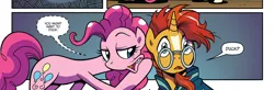 Size: 1988x656 | Tagged: safe, artist:brendahickey, derpibooru import, idw, pinkie pie, sunburst, earth pony, pony, unicorn, spoiler:comic, spoiler:comiclom5, cropped, duo, female, glasses, male, mare, official comic, speech bubble, stallion