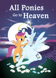 Size: 2877x4000 | Tagged: safe, artist:angina pectoris, derpibooru import, scootaloo, soarin', pony, all dogs go to heaven, blank flank, city, crossover, cute, cutealoo, don bluth, flower, hug, moon, river, soarinbetes