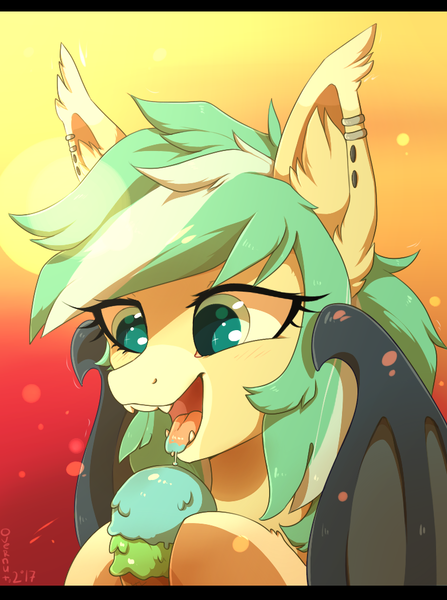 Size: 779x1045 | Tagged: safe, artist:overnut, derpibooru import, oc, oc:icy breeze, unofficial characters only, bat pony, pony, bust, colored pupils, cute, ear fluff, ear piercing, earring, eating, fangs, female, food, hoof hold, ice cream, jewelry, mare, open mouth, piercing, solo, wings