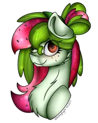 Size: 800x1000 | Tagged: safe, artist:keanuvyfoxy09, derpibooru import, oc, oc:watermelana, unofficial characters only, pony, bust, chest fluff, freckles, looking at you, one eye closed, solo, wink