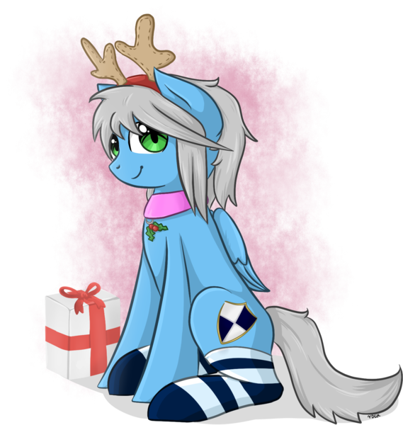Size: 1439x1517 | Tagged: safe, artist:violentdreamsofmine, derpibooru import, oc, oc:silent shield, unofficial characters only, pegasus, pony, clothes, female, mare, present, sitting, socks, solo, striped socks
