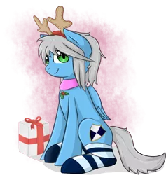 Size: 1439x1517 | Tagged: safe, artist:violentdreamsofmine, derpibooru import, oc, oc:silent shield, unofficial characters only, pegasus, pony, clothes, female, mare, present, sitting, socks, solo, striped socks