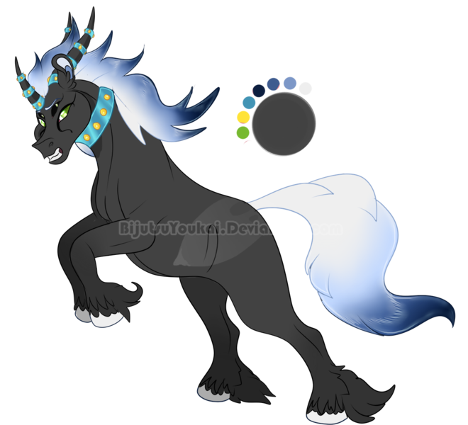 Size: 1125x1022 | Tagged: safe, artist:bijutsuyoukai, derpibooru import, oc, oc:negative, unofficial characters only, pony, unicorn, choker, collar, curved horn, female, horns, jewelry, magical gay spawn, male, mare, necklace, offspring, parent:king sombra, parent:lord tirek, rearing, simple background, solo, stallion, transparent background