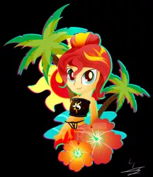 Size: 600x696 | Tagged: safe, artist:ii-art, derpibooru import, sunset shimmer, equestria girls, black background, clothes, equestria girls minis, flower, palm tree, simple background, solo, summer sunset, swimsuit, tree, wrap skirt