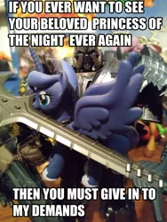 Size: 3120x4160 | Tagged: safe, derpibooru import, princess luna, pony, abuse, captured, decepticon, image macro, lunabuse, megatron, meme, mystery minis, ransom, sword, toy, transformers, transformers the last knight, weapon