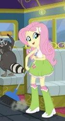 Size: 385x720 | Tagged: safe, derpibooru import, screencap, fluttershy, raccoon, eqg summertime shorts, equestria girls, get the show on the road, boots, broom, clothes, shoes, skirt, smiling