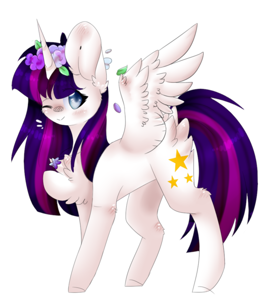 Size: 870x972 | Tagged: safe, artist:twinkepaint, derpibooru import, oc, oc:twily star, unofficial characters only, alicorn, pony, alicorn oc, art trade, female, flower, flower in hair, mare, one eye closed, simple background, smiling, solo, transparent background, wink