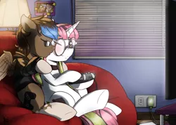 Size: 1024x731 | Tagged: safe, artist:elzielai, derpibooru import, oc, oc:playthrough, unofficial characters only, pegasus, pony, unicorn, beanbag chair, bedroom, blushing, clothes, commission, controller, couple, female, glasses, hoodie, kissing, lamp, male, mare, oc x oc, phone, shipping, stallion, straight, television
