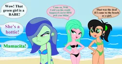 Size: 1592x850 | Tagged: suggestive, artist:doroshll, artist:firefly-bases, artist:flowwowata04, artist:therockinstallion, derpibooru import, oc, oc:jade rhinestone, unofficial characters only, equestria girls, base used, beach, belly button, bikini, breasts, clothes, dialogue, rule 63, speech bubble, swimsuit