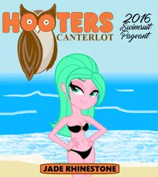 Size: 751x842 | Tagged: suggestive, artist:doroshll, artist:therockinstallion, derpibooru import, oc, oc:jade rhinestone, unofficial characters only, equestria girls, base used, beach, belly button, bikini, breasts, clothes, hooters, magazine cover, swimsuit