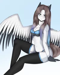 Size: 4000x5000 | Tagged: anthro, anthro oc, artist:cannoncar, art trade, blue underwear, bra, breasts, clothes, derpibooru import, female, frilly underwear, looking at you, mare, oc, oc:tender beauty, panties, pegasus, simple background, solo, solo female, stockings, suggestive, thigh highs, underwear, unofficial characters only