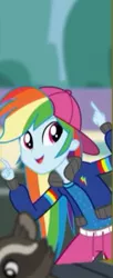 Size: 165x405 | Tagged: safe, derpibooru import, screencap, rainbow dash, raccoon, eqg summertime shorts, equestria girls, get the show on the road, backwards ballcap, baseball cap, cap, clothes, cute, dashabetes, hat, jacket, open mouth, pants, rapper dash, school bus, smiling, zoomed in