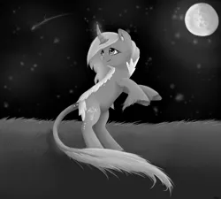 Size: 1600x1440 | Tagged: safe, artist:violentdreamsofmine, derpibooru import, oc, oc:twin lily, unofficial characters only, kirin, cloven hooves, curved horn, female, grayscale, image, leonine tail, monochrome, moon, night, png, rearing, solo, unshorn fetlocks