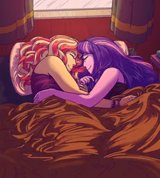 Size: 2700x3000 | Tagged: safe, alternate version, artist:overlordneon, derpibooru import, sunset shimmer, twilight sparkle, equestria girls, bed, bedsheets, clothes, female, lesbian, morning ponies, pillow, shipping, sleeping, smiling, sunsetsparkle, window