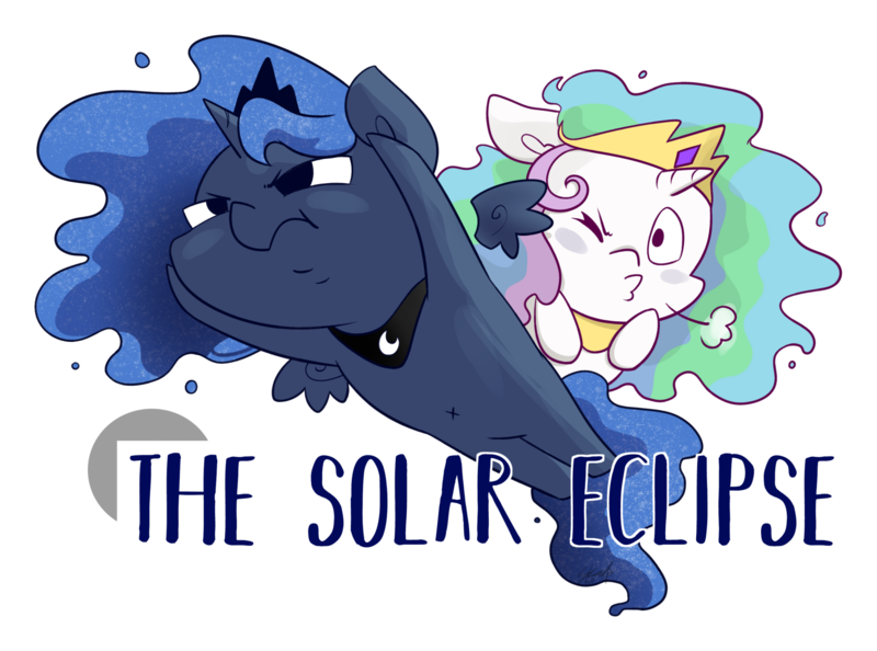 Size: 1800x1337 | Tagged: alicorn, alicorn eclipse, artist:midnightpremiere, cartoon, chibi, derpibooru import, duo, eclipse, female, flying, luna eclipsing celestia, mare, princess celestia, princess luna, safe, simple background, solar eclipse, text, transparent background