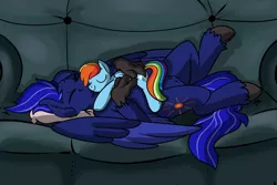 Size: 1024x686 | Tagged: dead source, safe, artist:riverofdreams, artist:roy, derpibooru import, rainbow dash, oc, oc:neutrino burst, unofficial characters only, hippogriff, pony, couch, hug, pillow, plushie, sleeping, unshorn fetlocks