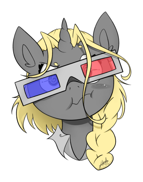 Size: 1024x1307 | Tagged: safe, artist:midnightpremiere, derpibooru import, oc, oc:gesundheit, unofficial characters only, pony, unicorn, 3d glasses, bust, looking at you, simple background, solo, swirly eyes, transparent background