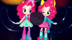 Size: 960x540 | Tagged: safe, derpibooru import, pinkie pie, equestria girls, cookie, doll, duality, equestria girls minis, eqventures of the minis, food, oreo, rainbow rocks outfit, self paradox, toy