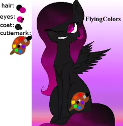 Size: 392x400 | Tagged: safe, artist:thefoxgal133, derpibooru import, oc, oc:flying colors, unofficial characters only, pegasus, pony, grin, one eye closed, paintbrush, pegasus oc, reference sheet, smiling, wings, wink