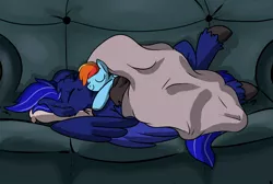 Size: 1280x858 | Tagged: safe, alternate version, artist:riverofdreams, artist:roy, derpibooru import, rainbow dash, oc, oc:neutrino burst, hippogriff, pony, blanket, couch, pillow, plushie, sleeping, unshorn fetlocks