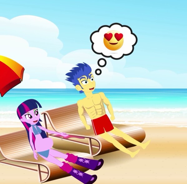 Size: 600x589 | Tagged: safe, derpibooru import, flash sentry, twilight sparkle, equestria girls, beach, boots, clothes, elsagate, emoji, female, flashlight, male, pictogram, pregnant, shipping, shoes, shorts, straight, toy channel animations, why, youtube link