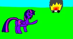 Size: 1214x648 | Tagged: safe, artist:samueljcollins1990, derpibooru import, twilight sparkle, twilight sparkle (alicorn), alicorn, pony, angry, car, explosion, fire, smoke, solo, the italian job, truck