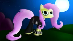 Size: 1600x900 | Tagged: safe, artist:arterialblack716, derpibooru import, fluttershy, pegasus, pony, angry, atg 2016, belt, chains, clothes, death metal, deathcore, ear piercing, eyeshadow, frown, goth, grass, hill, looking at you, makeup, messy mane, moon, mountain, newbie artist training grounds, night, pants, piercing, shirt, sky, solo, spiked wristband, standing, stars, wristband