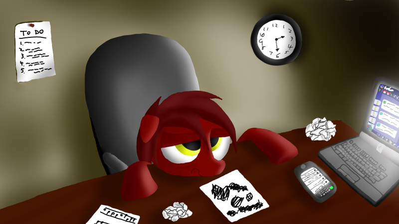 Size: 1199x675 | Tagged: safe, artist:arterialblack716, derpibooru import, oc, oc:justice armor, unofficial characters only, pegasus, pony, atg 2016, chair, clock, computer, desk, exhausted, floppy ears, laptop computer, mobile phone, newbie artist training grounds, paper, phone, sad, stressed, tired, to-do list