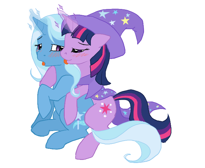 Size: 659x541 | Tagged: suggestive, artist:tenchi-outsuno, derpibooru import, trixie, twilight sparkle, pony, unicorn, accessory swap, bedroom eyes, blushing, female, lesbian, licking, mare, open mouth, shipping, simple background, tongue out, transparent background, twixie