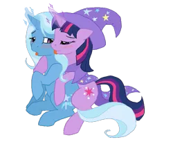 Size: 659x541 | Tagged: suggestive, artist:tenchi-outsuno, derpibooru import, trixie, twilight sparkle, pony, unicorn, accessory swap, bedroom eyes, blushing, female, lesbian, licking, mare, open mouth, shipping, simple background, tongue out, transparent background, twixie